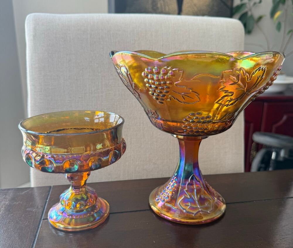 Vintage Amber Carnival Glass Pedestal Bowls – Set of 2 – Iridescent Dishes
